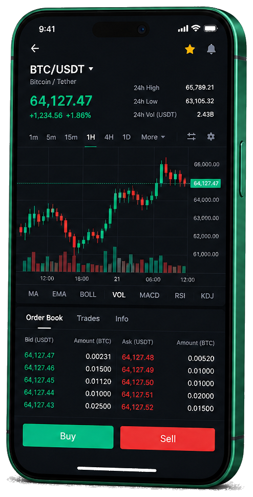 Mobiele handelsinterface van FidrubinoATOM — live BTC/USDT-grafiek met orderboek en functies voor kopen en verkopen